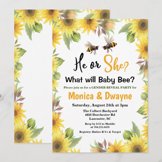 Sonnenblumen Bienengender Reveal Baby Duwer Einlad Einladung (Vorne/Hinten)