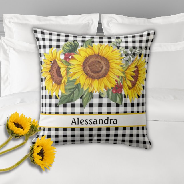 Sonnenblumen Black Gingham Personalisiert Kissen (Von Creator hochgeladen)