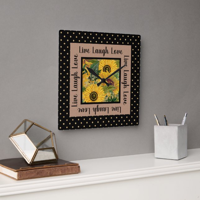 Sonnenblumen Black Gold Polka Dot Live Lagh Liebe  Quadratische Wanduhr (Büro)