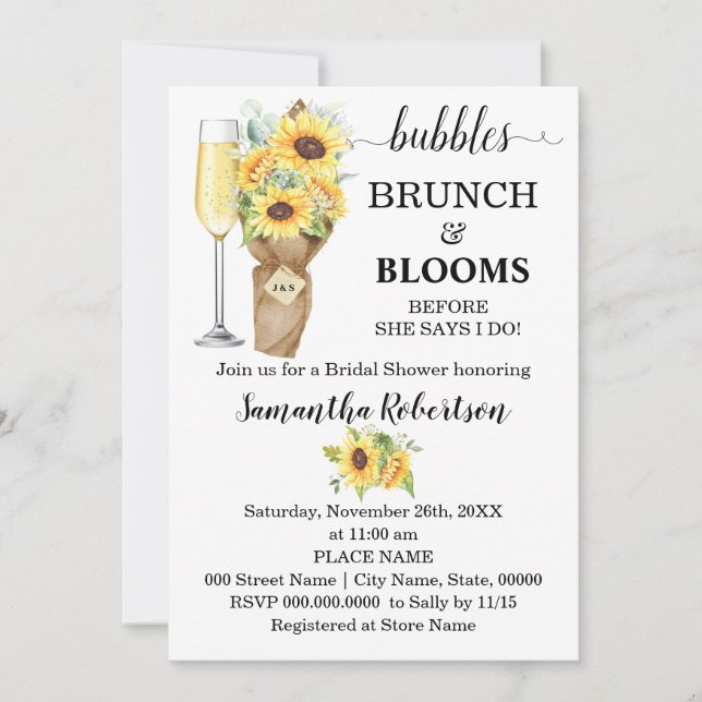 Sonnenblumen Bläschen Brunch & Blooms Brautparty Einladung (Vorderseite)