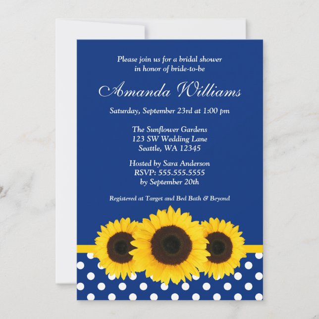Sonnenblumen Blau und Weiß Polka Dot Brautparty Einladung (Vorderseite)