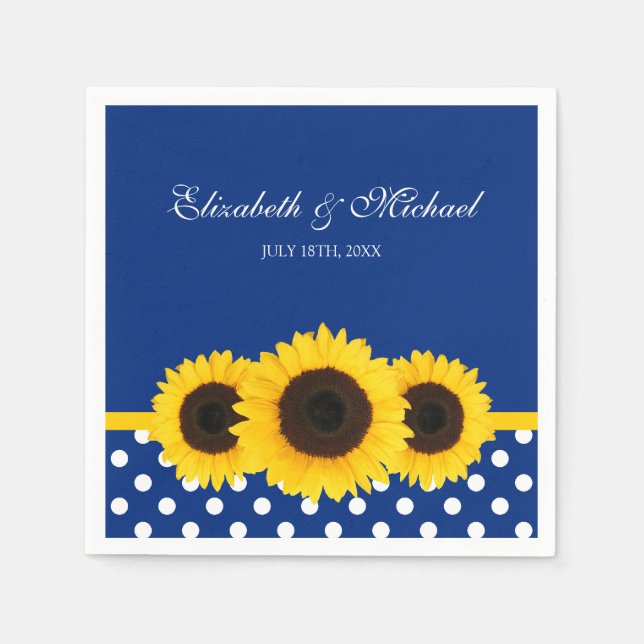 Sonnenblumen Blau Weiße Polka Dot Hochzeit Serviette (Vorderseite)