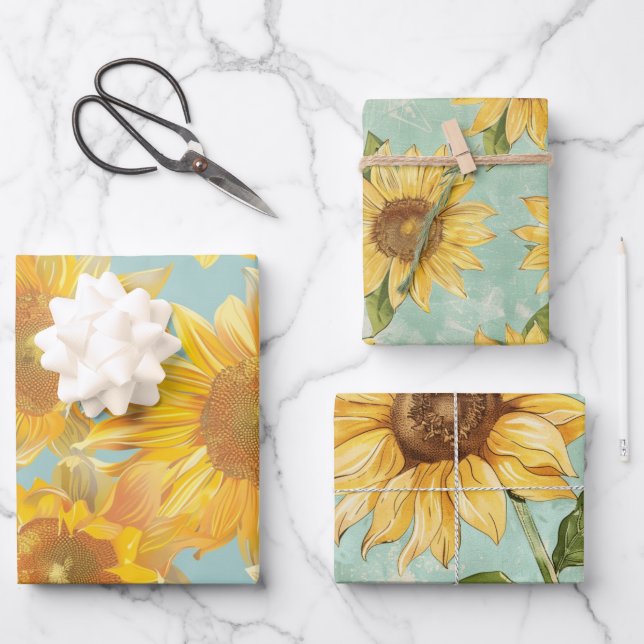 Sonnenblumen blaue Hintergrund Geschenkpapier Set (Vorderseite)