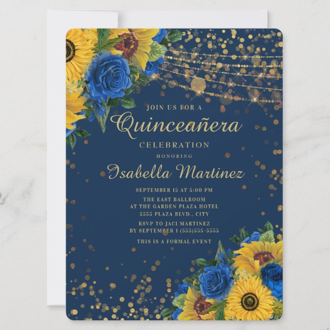 Sonnenblumen Blaue Rose Gold Glitzer Quinceanera Einladung (Vorderseite)