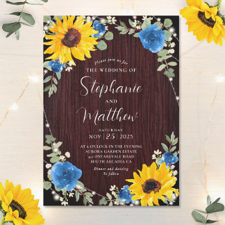 Sonnenblumen Blaue Rose Lights Wood Wedding Einladung