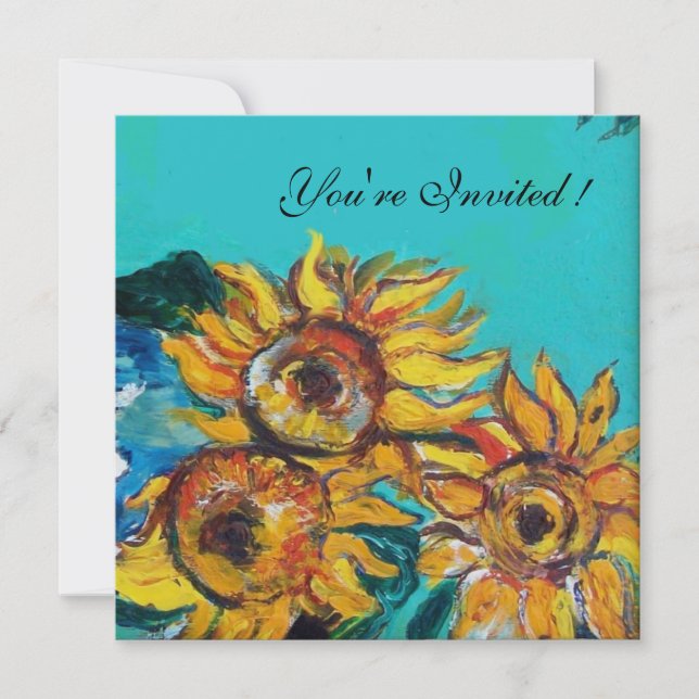 SONNENBLUMEN, BLAUE TURQUOISE SOMMERPARTY EINLADUN EINLADUNG (Vorderseite)