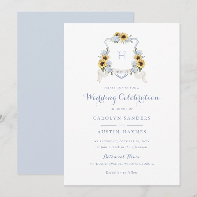 Sonnenblumen Blue Hydrangea Wappen Monogram Weddin Einladung (Vorne/Hinten)