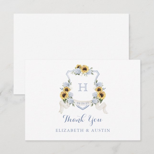 Sonnenblumen Blue Hydrangea Wappen Wedding Monogra Dankeskarte (Vorne/Hinten)