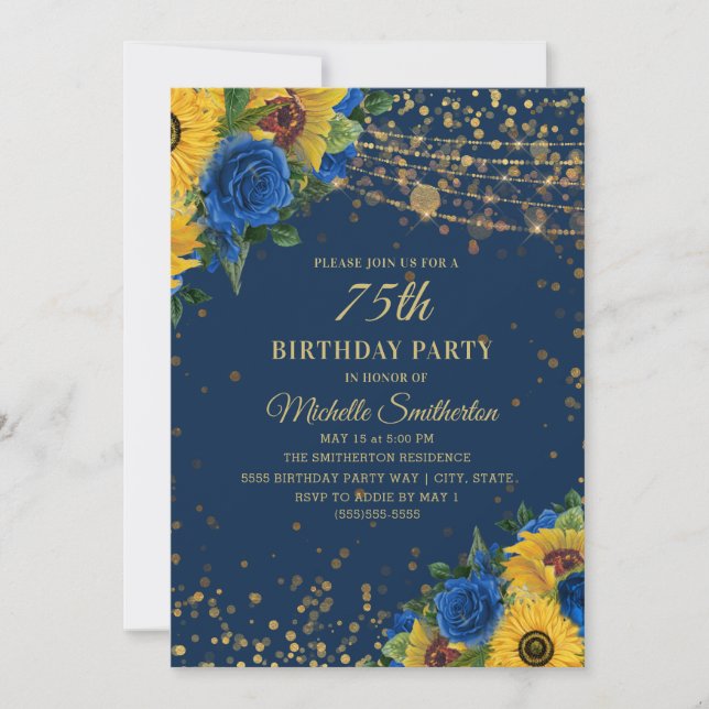 Sonnenblumen Blue Rose Gold Glitzer 75. Geburtstag Einladung (Vorderseite)