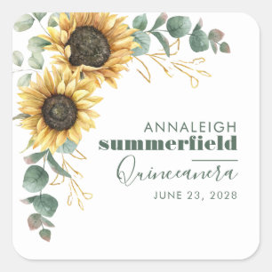 Sonnenblumen-Blumen-Eukalyptus-Quinceanera-15.-Par Quadratischer Aufkleber