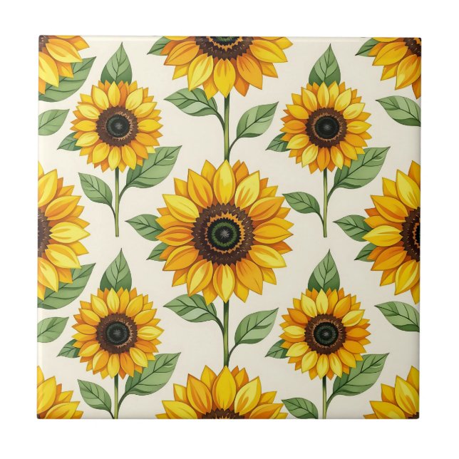 Sonnenblumen-Blumen nahtloses Muster Hellgelb Fliese (Vorderseite)