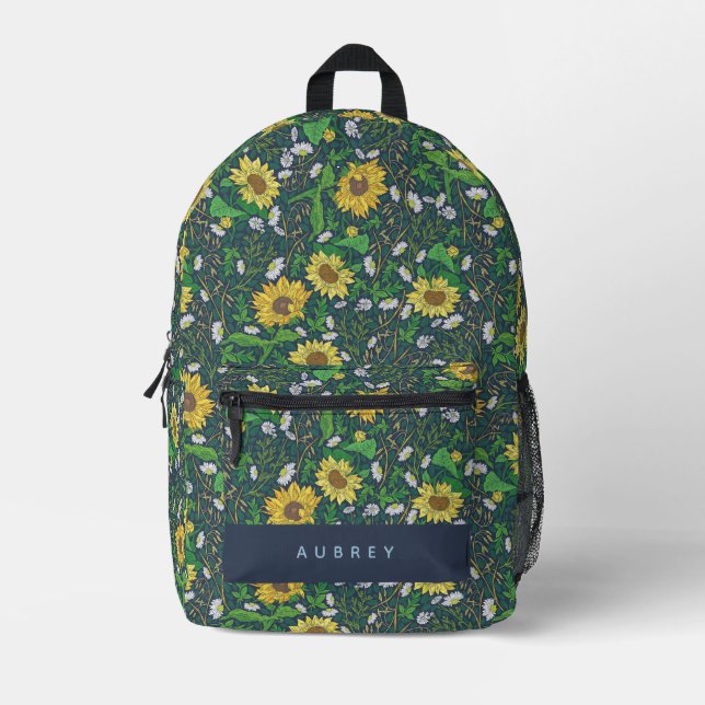 Sonnenblumen Blumenmuster Navy Blue Bedruckter Rucksack (Vorderseite)