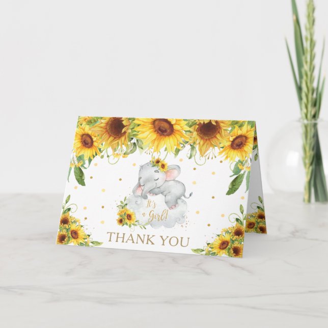 Sonnenblumen Blumenschläfer Elephant Babydusche Dankeskarte (Vorderseite)