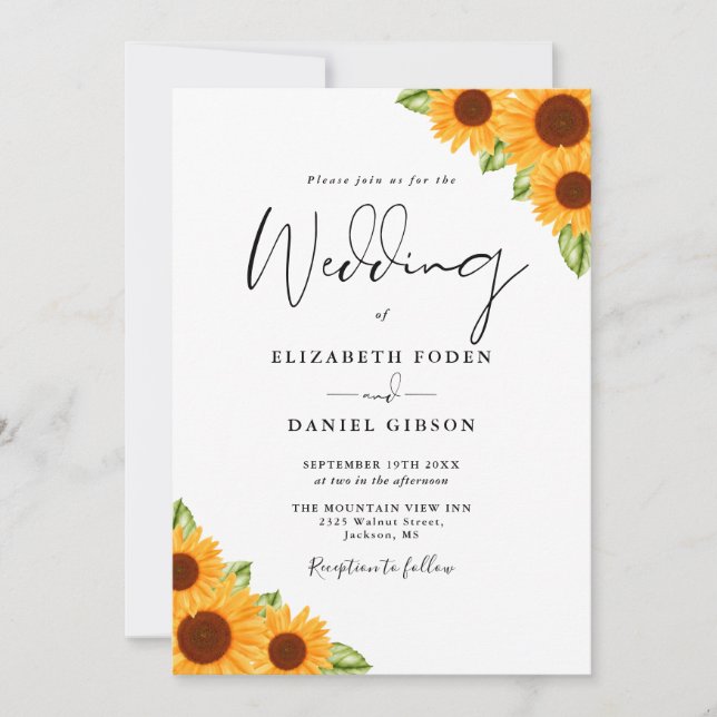 Sonnenblumen Blumenzellenschrift QR Code Hochzeit Einladung (Vorderseite)
