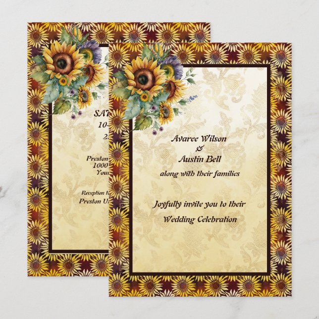 Sonnenblumen Bouquet Brown Gold Einladung (Vorne/Hinten)