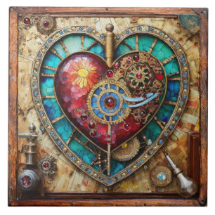 Sonnenblumen-Buntglas-Herz-Steampunk-Serie Fliese
