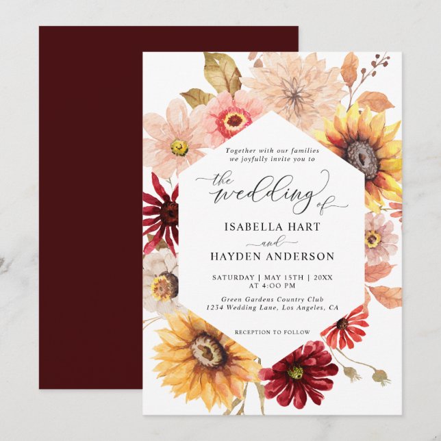Sonnenblumen & Burgund Fall Wilde Blumenhochzeit Einladung (Vorne/Hinten)