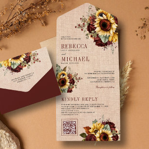 Sonnenblumen Burgund Floral QR Code Jute Hochzeit All In One Einladung