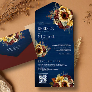Sonnenblumen Burgund Floral QR Code Navy Hochzeit All In One Einladung