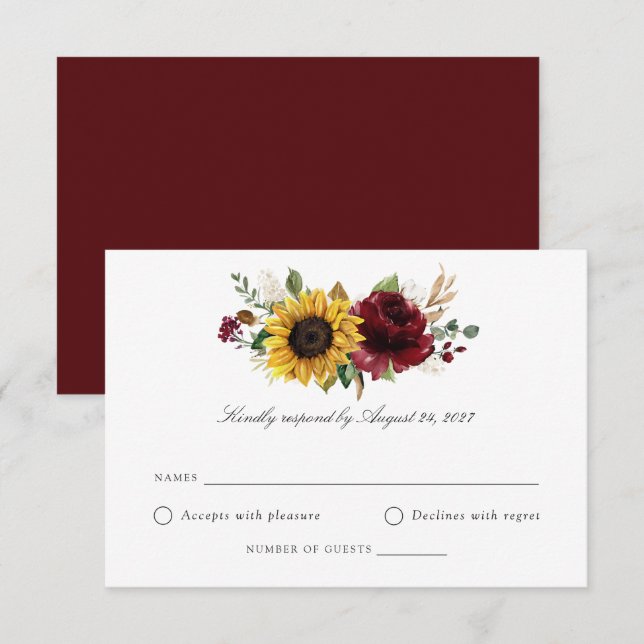 Sonnenblumen Burgund Greenery Wedding RSVP Card Einladung (Vorne/Hinten)