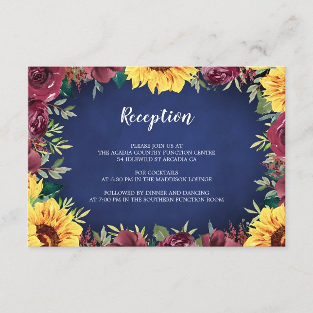 Sonnenblumen Burgund Rose Border Navy Blauer Empfa Begleitkarte (Vorderseite)