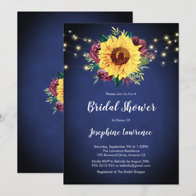 Sonnenblumen Burgund Rose Lights Navy Brautparty Einladung (Vorne/Hinten)