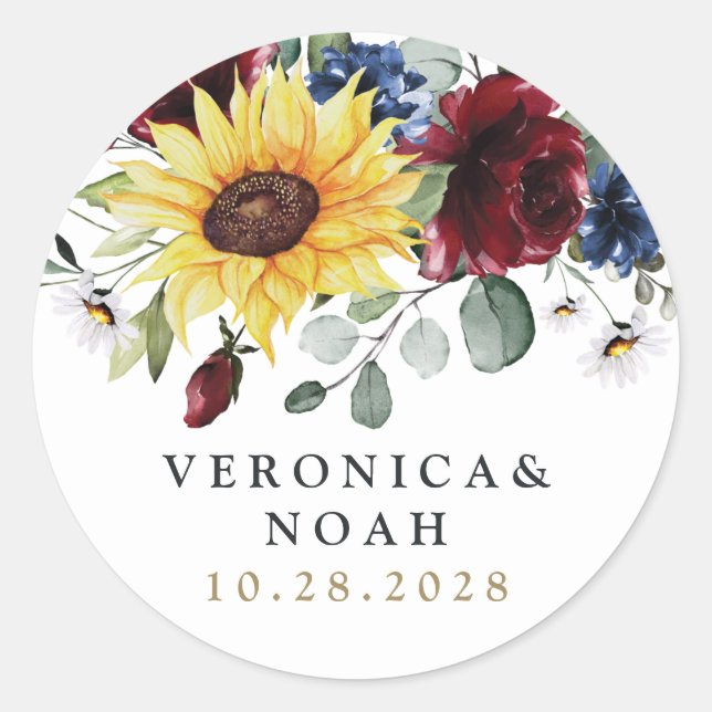 Sonnenblumen Burgund Rose Navy Blue Rustic Hochzei Runder Aufkleber (Vorderseite)