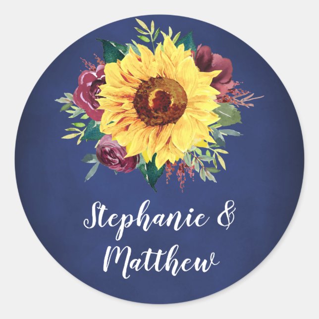 Sonnenblumen Burgund Rose Navy Hochzeit Runder Aufkleber (Vorderseite)