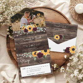 Sonnenblumen Burgund Rose Rustic Wood Foto Hochzei All In One Einladung