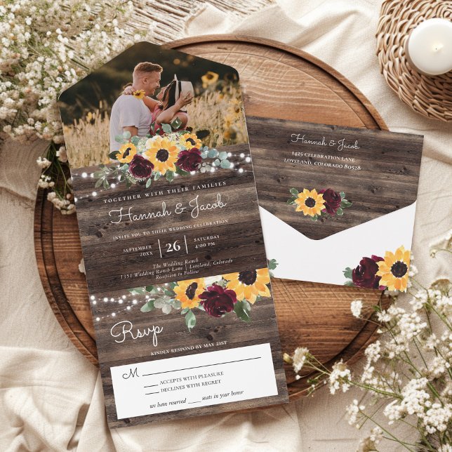 Sonnenblumen Burgund Rose Rustic Wood Foto Hochzei All In One Einladung (Von Creator hochgeladen)