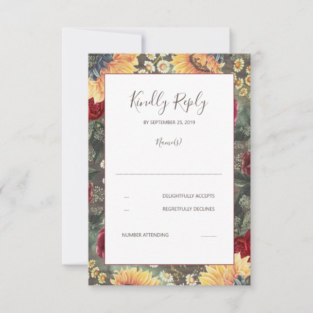 Sonnenblumen Burgund Rustikale Hochzeit im Herbst  RSVP Karte (Vorderseite)