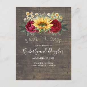 Sonnenblumen & Burgunder Rote Rose Save the Date f Ankündigungspostkarte
