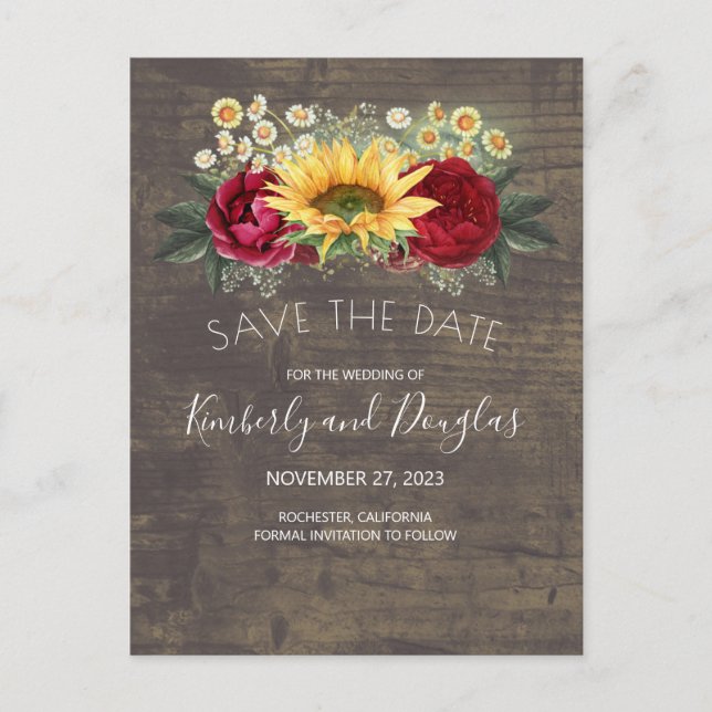 Sonnenblumen & Burgunder Rote Rose Save the Date f Ankündigungspostkarte (Vorderseite)