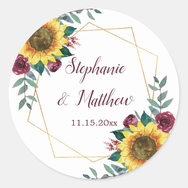 Sonnenblumen Burgundy Floral Geometric Wedding Runder Aufkleber (Vorderseite)
