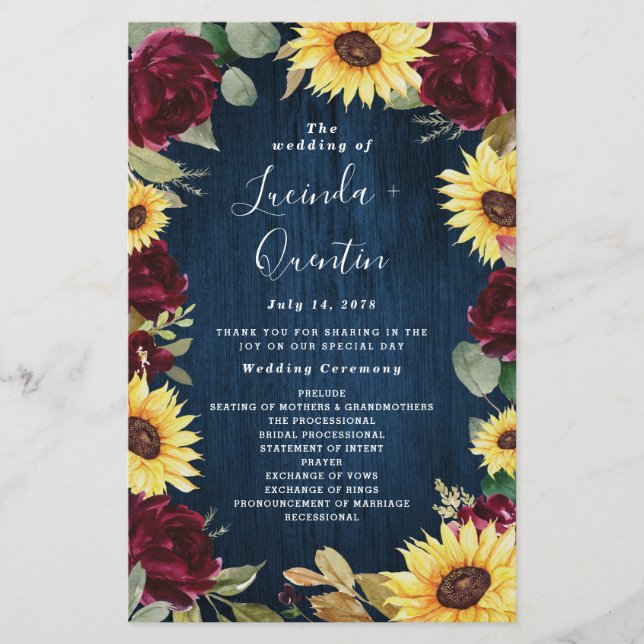 Sonnenblumen Burgundy Navy Blue Hochzeitsprogramme (Vorderseite)