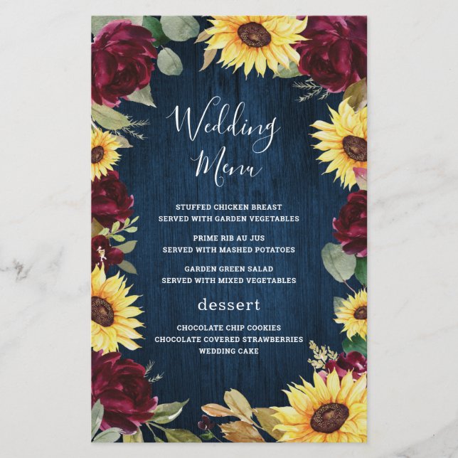 Sonnenblumen Burgundy Navy Blue Wedding Menu Cards (Vorderseite)