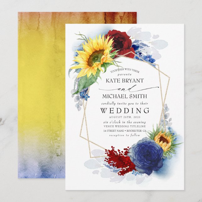 Sonnenblumen Burgundy Red and Navy Blue Hochzeit i Einladung (Vorne/Hinten)