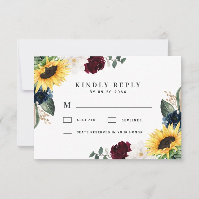 Sonnenblumen Burgundy Red and Navy Blue Rose Hochz RSVP Karte (Vorderseite)