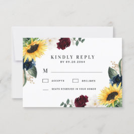 Sonnenblumen Burgundy Red and Navy Blue Rose Hochz RSVP Karte