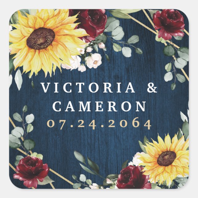 Sonnenblumen Burgundy Rose Geometrische Hochzeit d Quadratischer Aufkleber (Vorderseite)