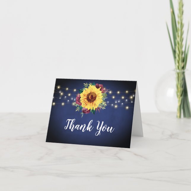 Sonnenblumen Burgundy Rose Lights Navy Blue Weddin Dankeskarte (Vorderseite)