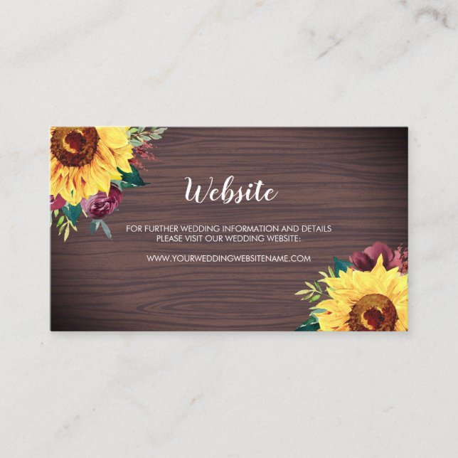 Sonnenblumen Burgundy Rose Wood Wedding Website Ca Visitenkarte (Vorderseite)