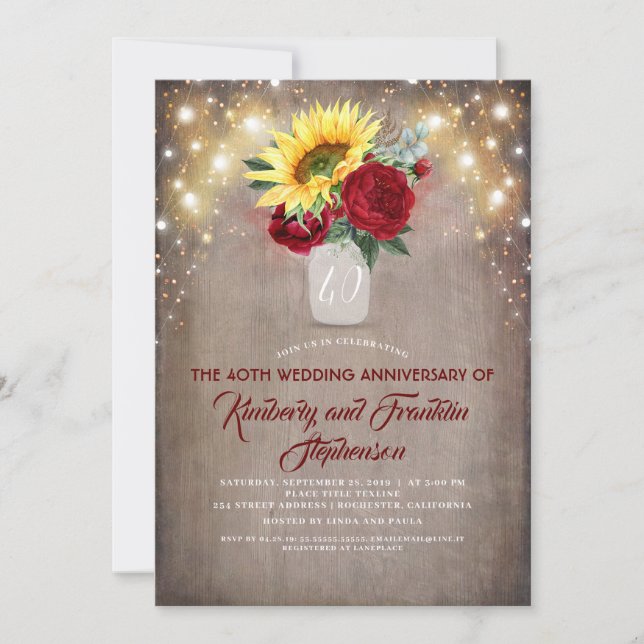 Sonnenblumen Burgundy Rote Rustikale Hochzeit Jahr Einladung (Vorderseite)