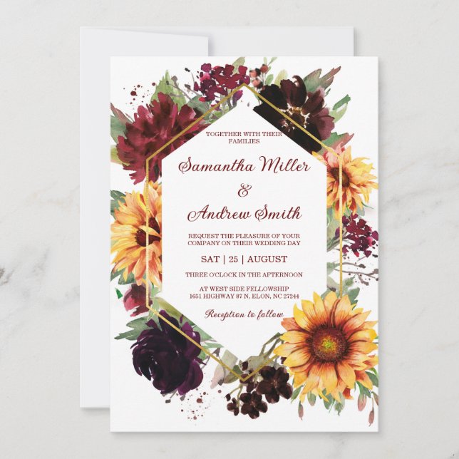 Sonnenblumen Burgundy Wedding Design Template Einladung (Vorderseite)