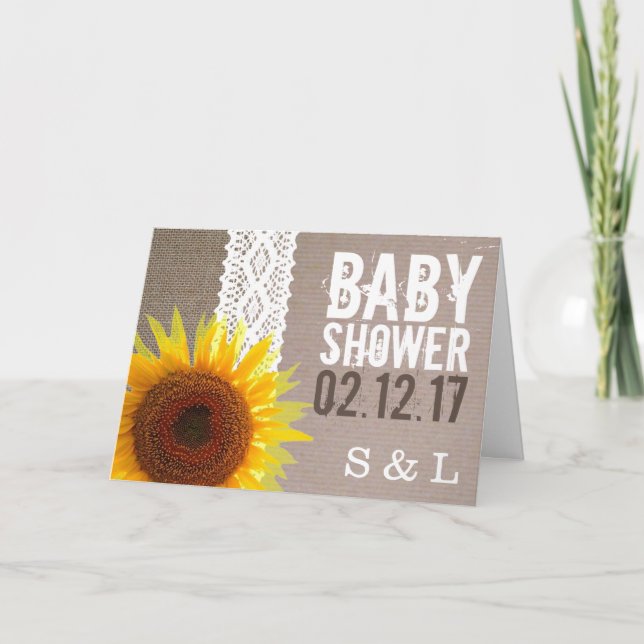 Sonnenblumen Burlap & Crochet Lace Baby Dusche lad Einladung (Vorderseite)
