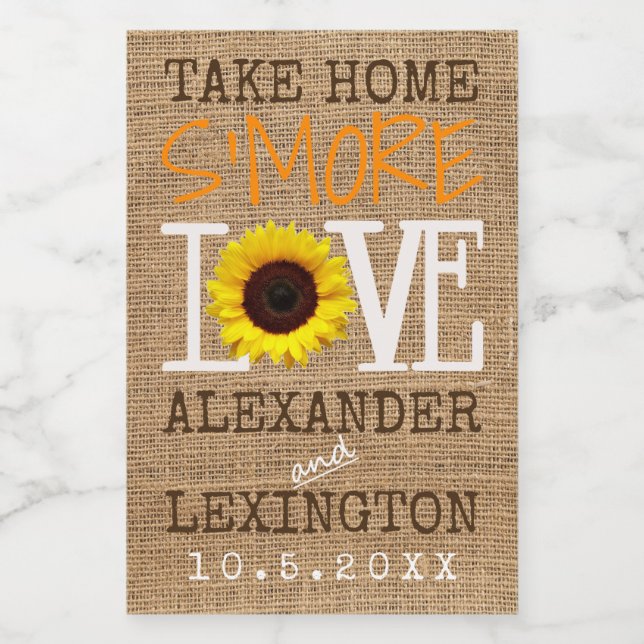Sonnenblumen Burlap Fall Zuhause S'More Liebe Wedd Lebensmitteletikett (Einzelnes Label)