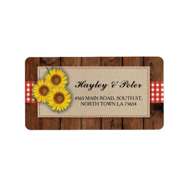 Sonnenblumen Burlap Red Karo Elegante Address Labe Adressaufkleber (Vorne)