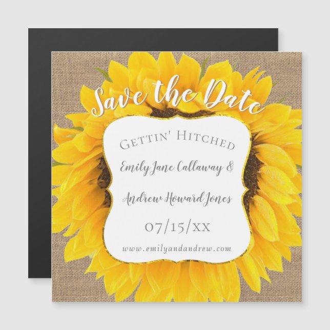 Sonnenblumen-Burlap-Typografie Hochzeit Save the D Magneteinladung (Vorne/Hinten)