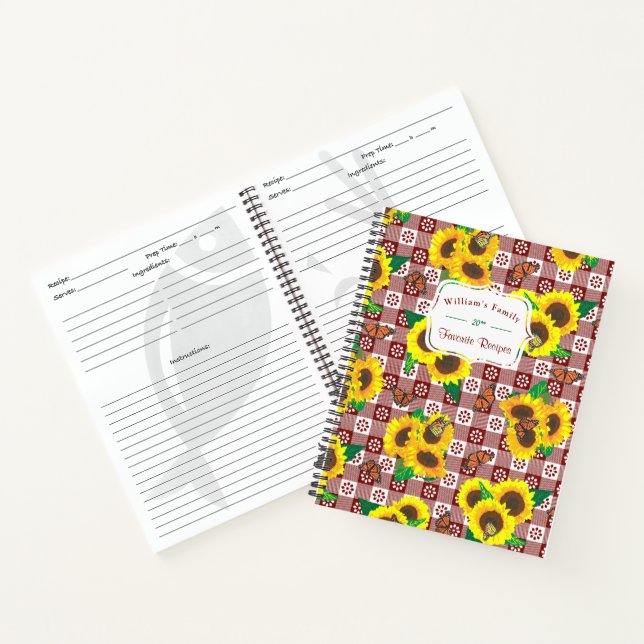 Sonnenblumen Butterfliegen Red Gingham Recipe Notizbuch (Innenseite)