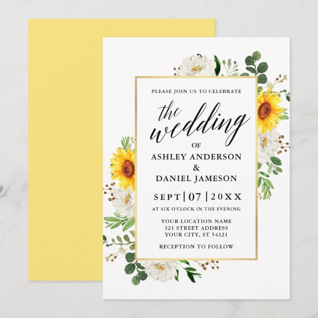 Sonnenblumen Calligrafie White Floral Wedding Einladung (Vorne/Hinten)
